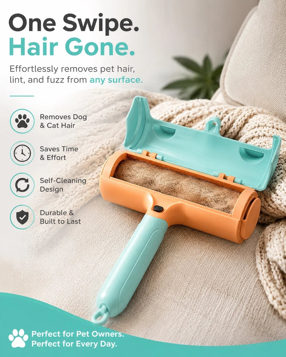 Reusable Pet Hair Remover Roller - Self-Cleaning Dog & Cat Fur Remover for Couch, Bed & Car