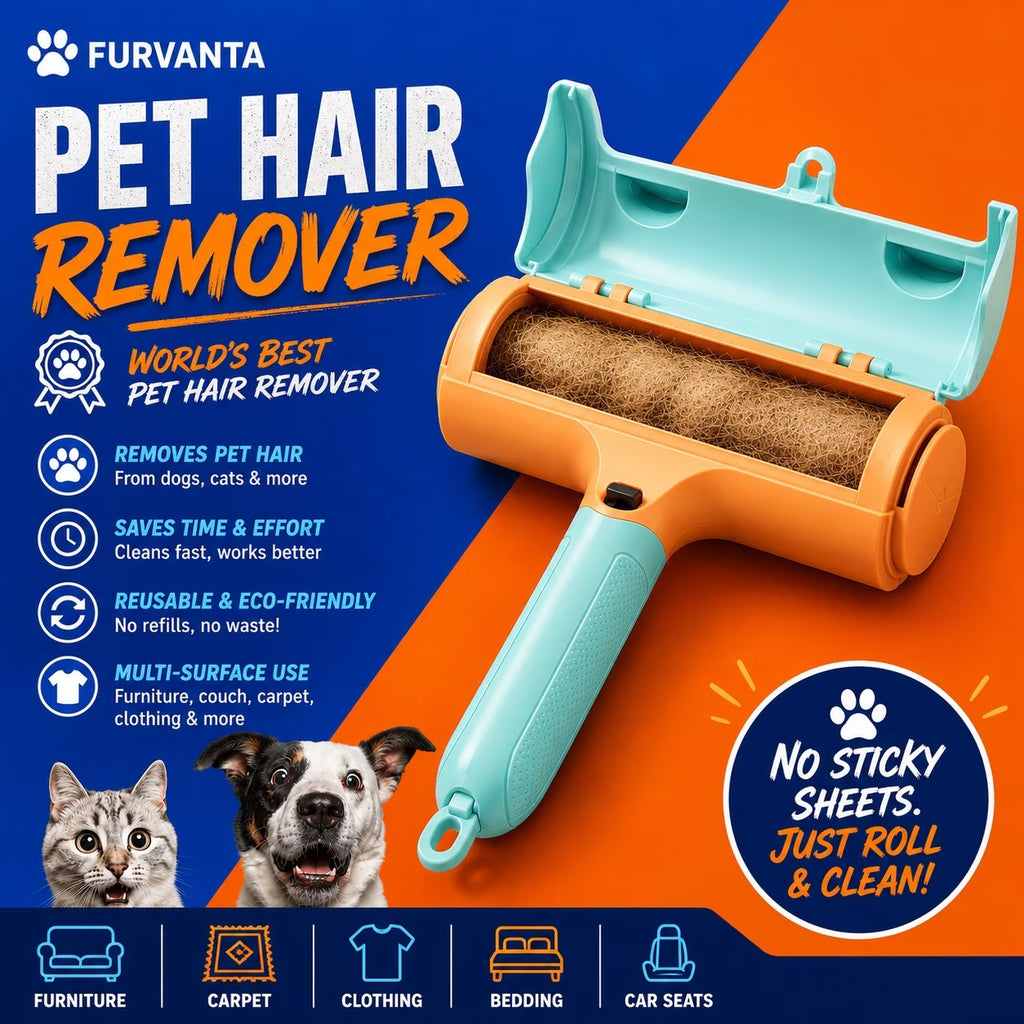 Reusable Pet Hair Remover Roller - Self-Cleaning Dog & Cat Fur Remover for Couch, Bed & Car