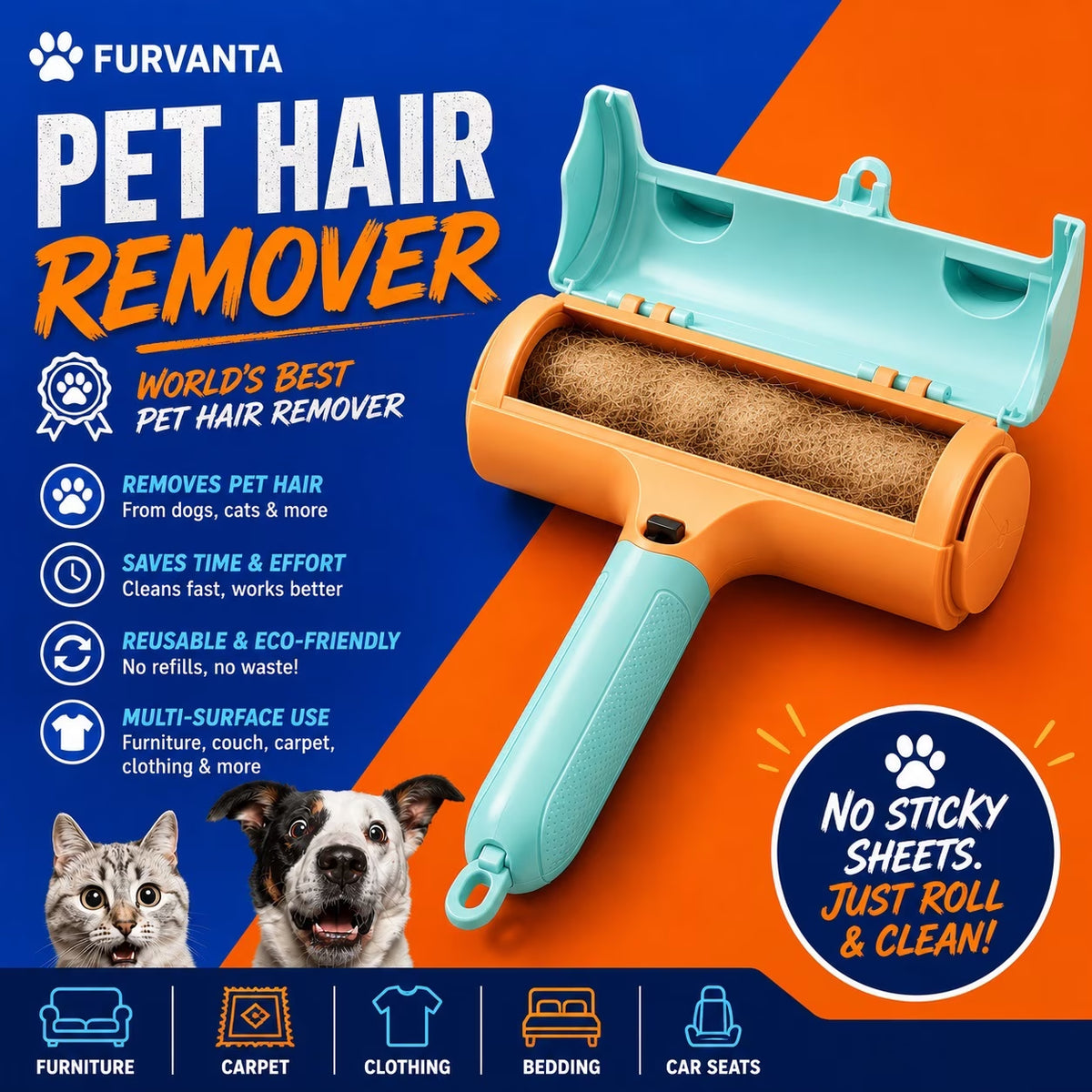Reusable Pet Hair Remover Roller - Self-Cleaning Dog & Cat Fur Remover for Couch, Bed & Car