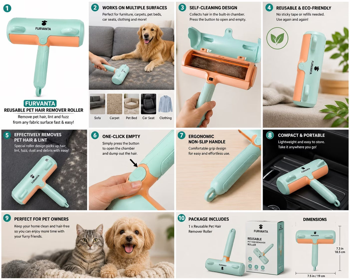 Reusable Pet Hair Remover Roller - Self-Cleaning Dog & Cat Fur Remover for Couch, Bed & Car