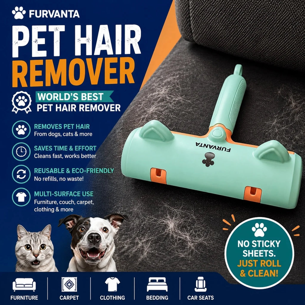 Reusable Pet Hair Remover Roller - Self-Cleaning Dog & Cat Fur Remover for Couch, Bed & Car