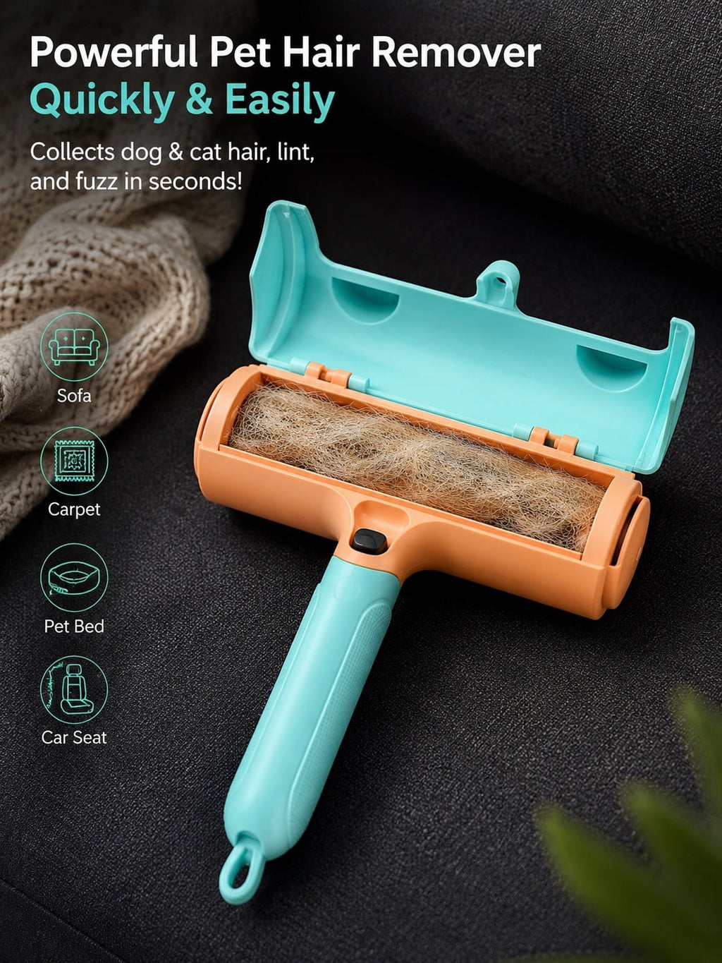 Reusable Pet Hair Remover Roller - Self-Cleaning Dog & Cat Fur Remover for Couch, Bed & Car