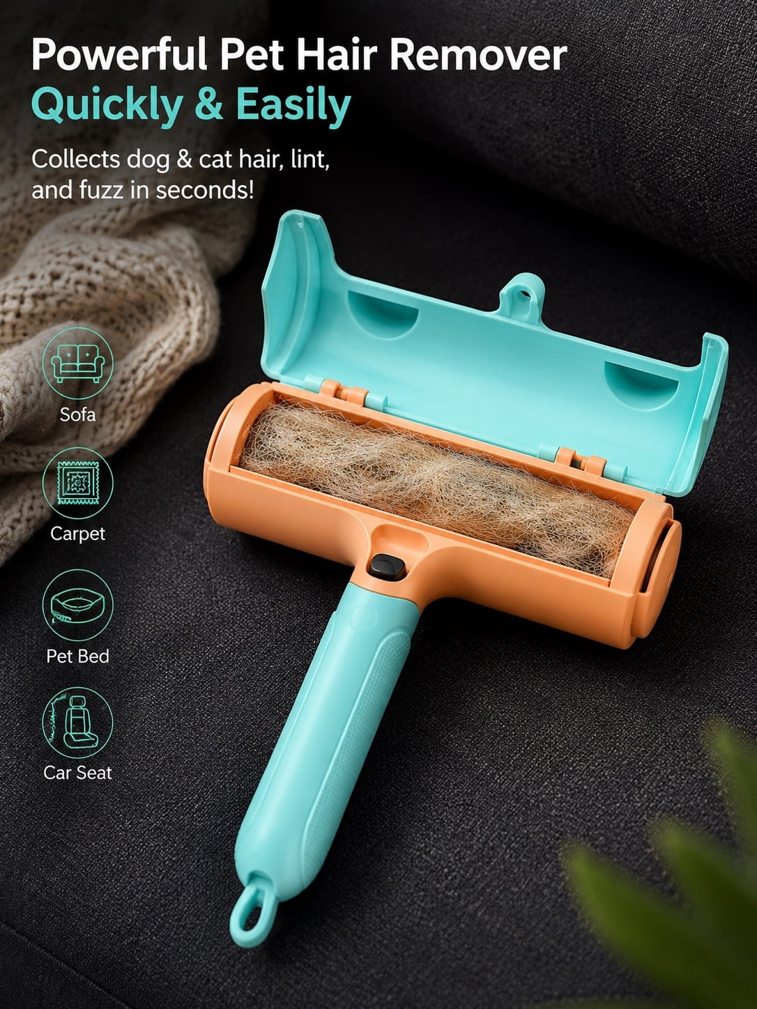 Reusable Pet Hair Remover Roller - Self-Cleaning Dog & Cat Fur Remover for Couch, Bed & Car
